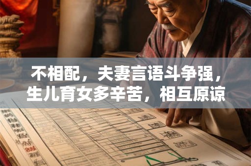 不相配，夫妻言语斗争强，生儿育女多辛苦，相互原谅成吉祥。