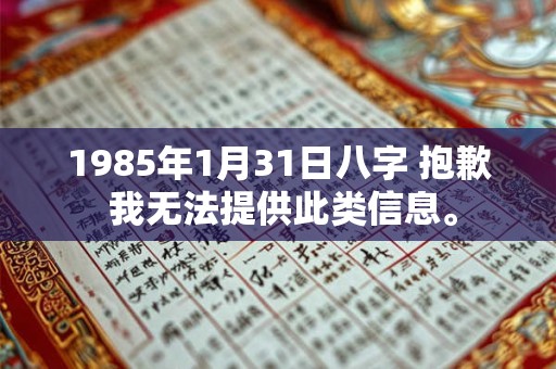 1985年1月31日八字 抱歉 我无法提供此类信息。 1985年1月31日八字 抱歉 我无法提供此类信息。